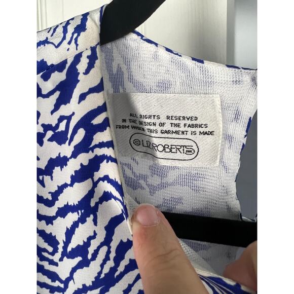 Vintage 80s Blue White Tiger Animal Print Secretary Dress Midi Oversized 12 L/XL - Picture 3 of 9